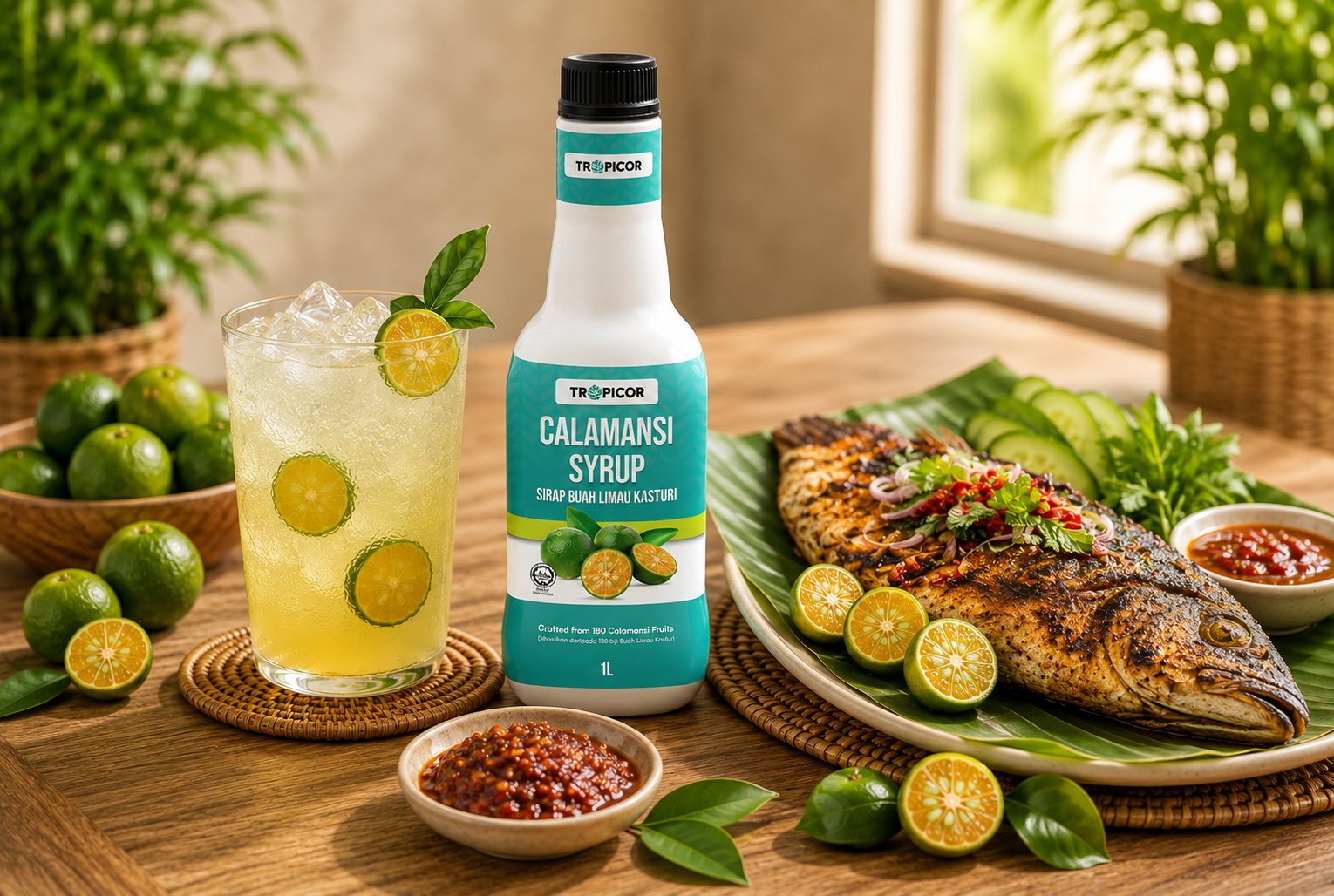 Tropicor Calamansi Syrup with iced calamansi drink and grilled fish